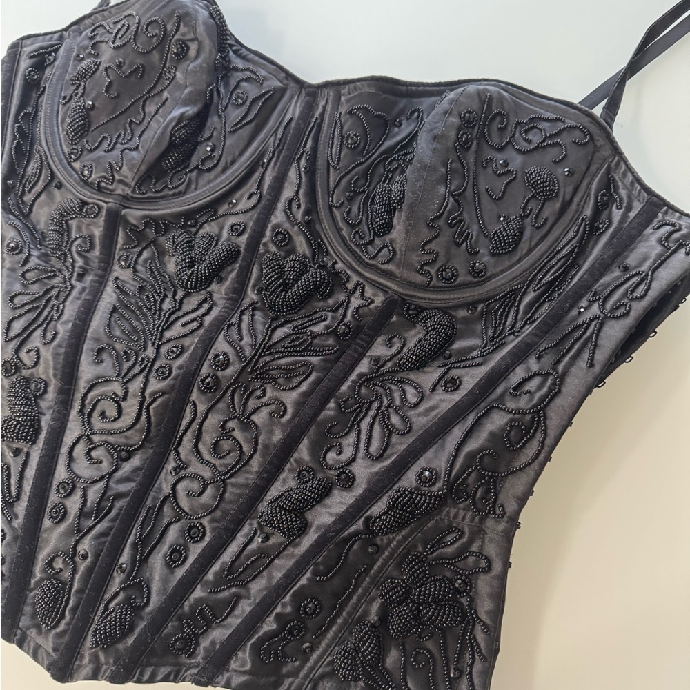 Vintage 2001 Victoria’s Secret Black Silk Beaded Corset Top – Size L